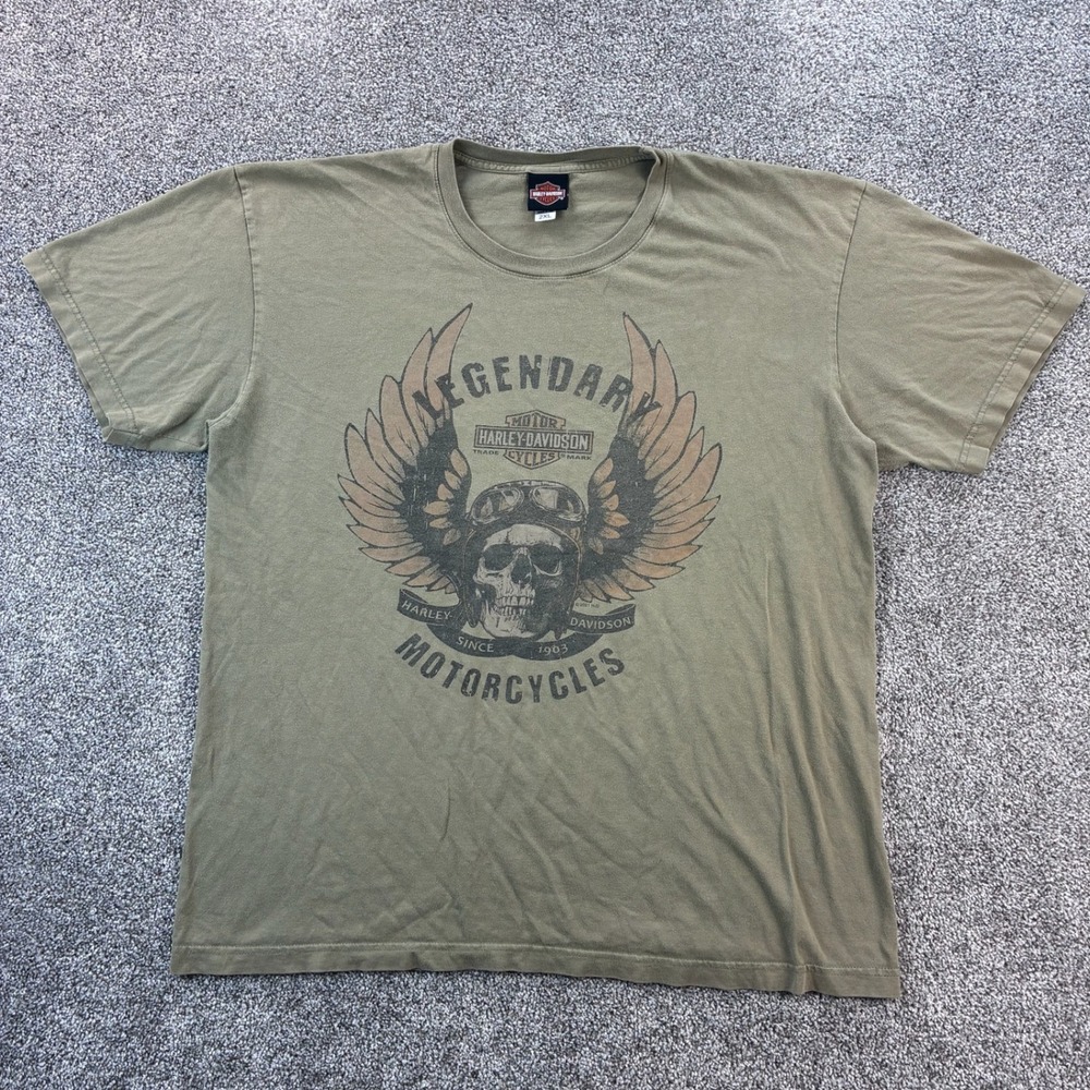 Vintage Harley Davidson Shirt Mens‎ 2XL Olive Green Legendary Skull Motorcycle